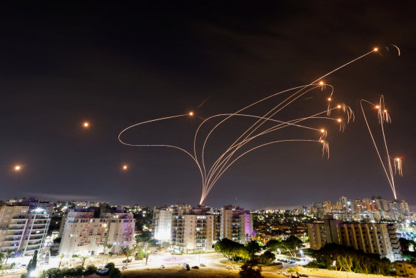 Israel’s Iron Dome intercepts rockets from the Gaza Strip on October 9.