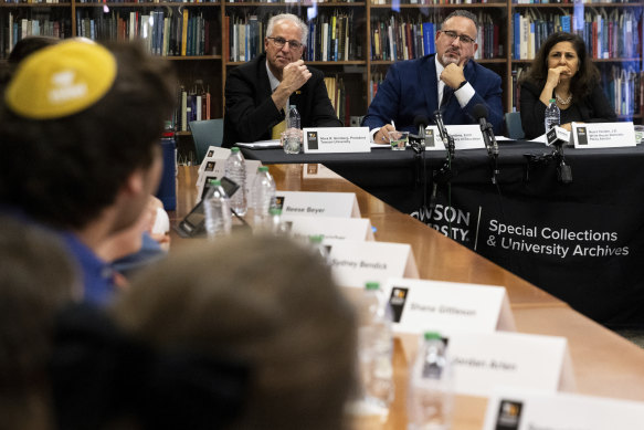 Towson University president Mark Ginsberg, US Education Secretary Miguel Cardona and policy adviser Neera Tanden meet with students to discuss antisemitism on college campuses in Towson, Maryland, on Thursday.