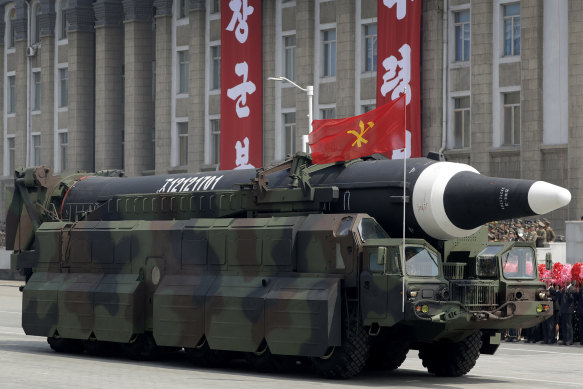 A missile that analysts believe could be the North Korean Hwasong-12 is paraded across Kim Il Sung Square in Pyongyang on April 15, 2017. 
