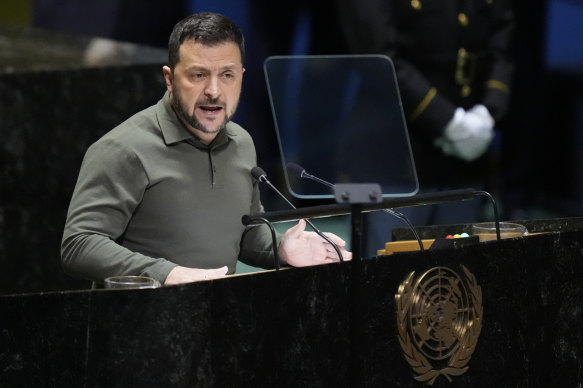 Ukrainian President Volodymyr Zelensky speaking at the UN in September this year.