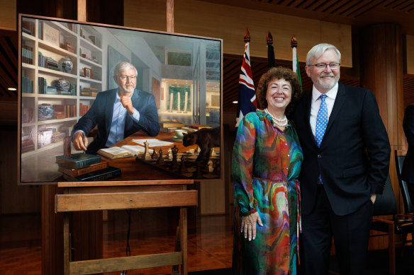 Thérèse Rein and former prime minister Kevin Rudd during the unveiling of his official portrait by Ralph Heimans, at Parliament House.