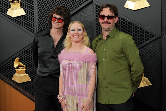 Declan Mehrtens (left), Amy Taylor and Bryce Wilson of Amyl and the Sniffers at the 68th Annual Grammy Awards where they were nominated for best rock performance.