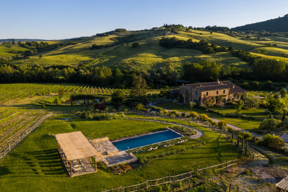 Pool and surrounds at agriturismo Follonico, Tuscany.