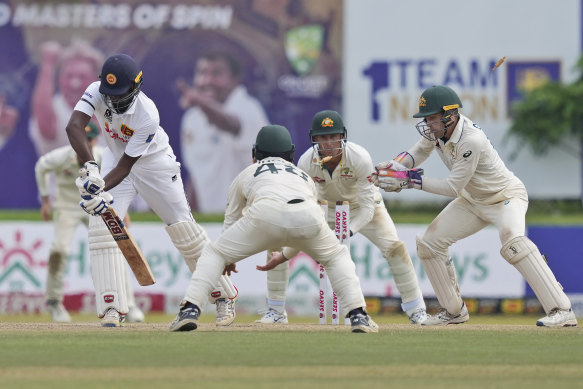 Sri Lanka’s Nishan Peiris has his castle rattled in the fort town of Galle, where Australia stormed to an emphatic win in the first Test.
