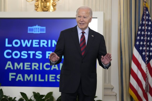 President Joe Biden announces new programs to lower costs for families, in Washington, during Super Tuesday.