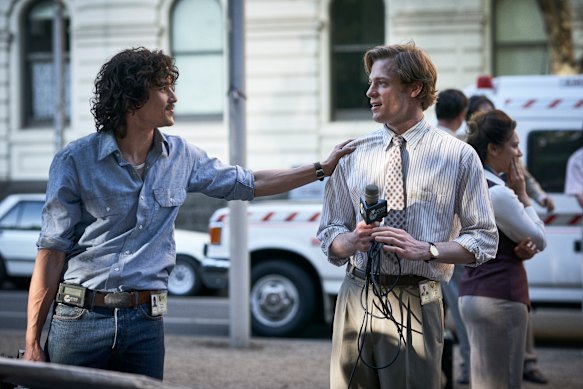 Chai Hansen and Sam Reid as Tim and Dale in the ABC drama The Newsreader. 