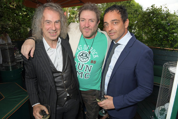 British art dealer Ivor Braka, Duran Duran frontman Simon Le Bon and Andy Valmorbida at a function in London in 2021.