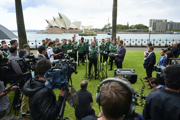 Ange Postecoglou addresses an Australian media throng with his Celtic squad last November.