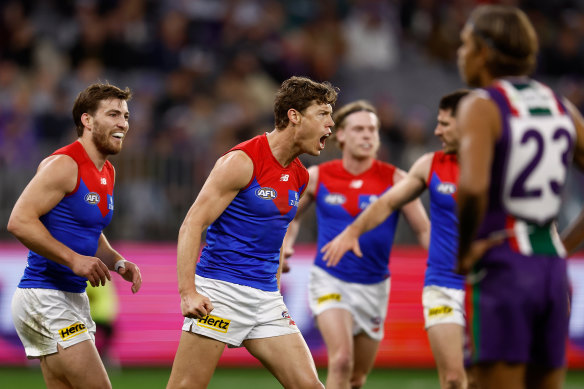 Demon fight: Jake Melksham celebrates a goal.