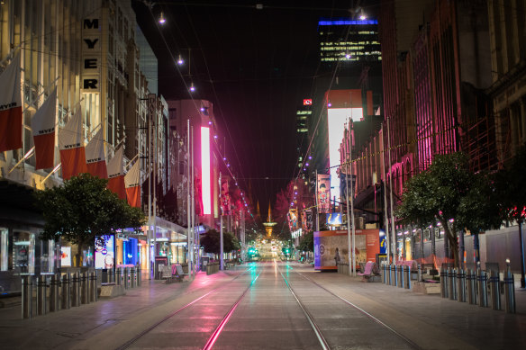 Bourke Street Mall on Monday night as the city returned to lockdown.
