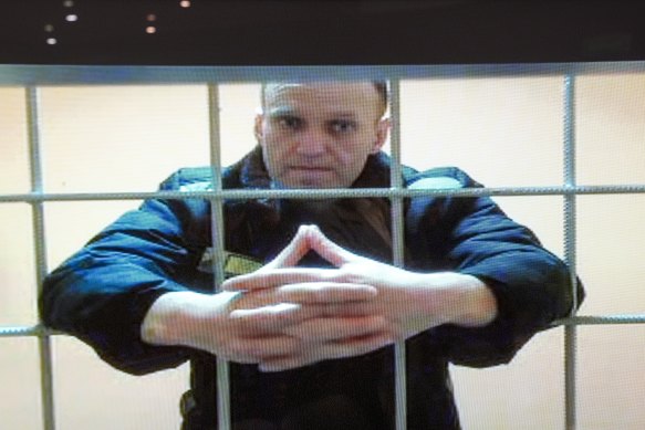 Alexei Navalny appears via video link in a file image.