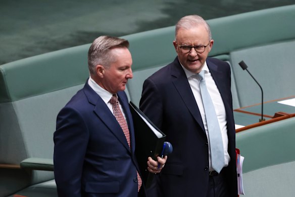 Prime Minister Anthony Albanese, right, walking into question time with Energy Minister Chris Bowen on Wednesday. 