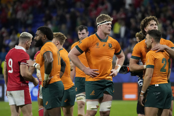 Wallabies players after their loss against Wales in the World Cup in Lyon.