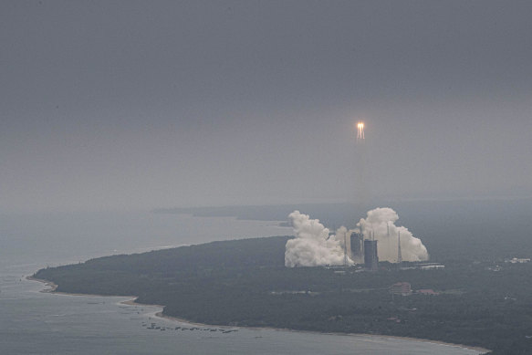 The Long March 5B rocket carrying a module for a Chinese space station lifts off.