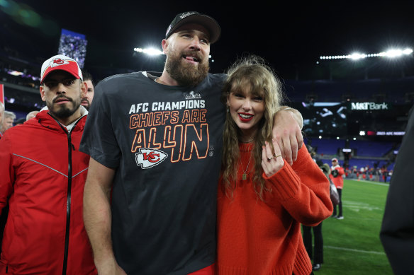Travis Kelce and Swift after the Kansas City Chiefs won the AFC championship.