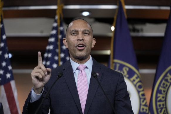 Representative Hakeem Jeffries speaks to reporters just after he was elected by House Democrats to be the new leader.