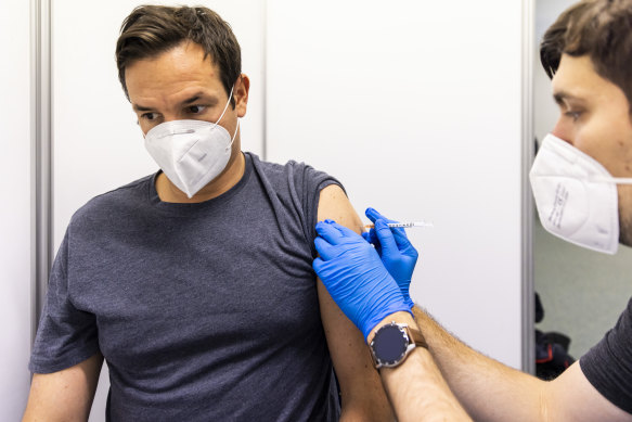 A man receives his second COVID vaccination this week in Austria, which has one of the lowest vaccination rates in western Europe.