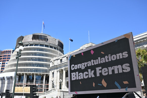Digital signage set up for the New Zealand Black Ferns ‘Thank You Aotearoa’ Tour of the NZ Parliament.