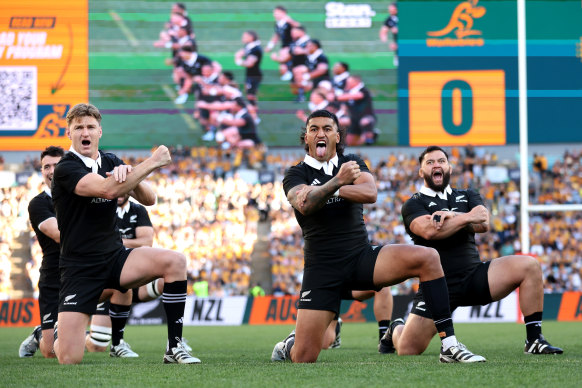 The All Blacks perform the haka in Sydney.
