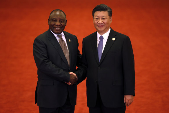 South African President Cyril Ramaphosa, left, shakes hands with Chinese President Xi Jinping during the Forum on China-Africa Cooperation in Beijing in 2018.