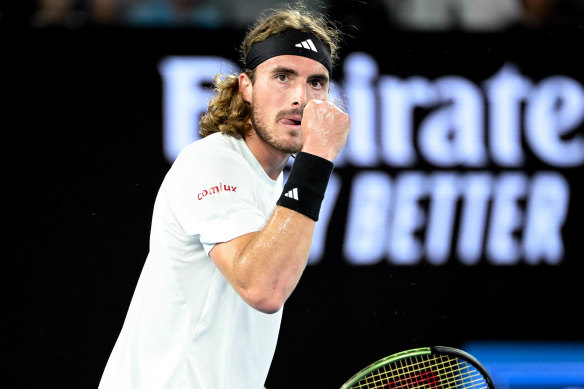 Stefanos Tsitsipas on court on Tuesday night. 