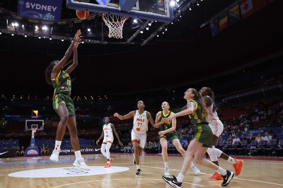 Ezi Magbegor shoots during the clash with Mali at the Sydney Superdome.