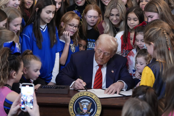 US president Donald Trump signs an executive order barring transgender female athletes from competing in women’s or girls’ sporting events.