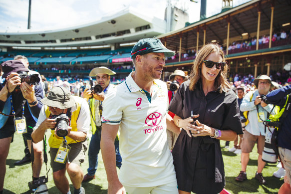 David Warner with wife Candice on the SCG after his final Test match.