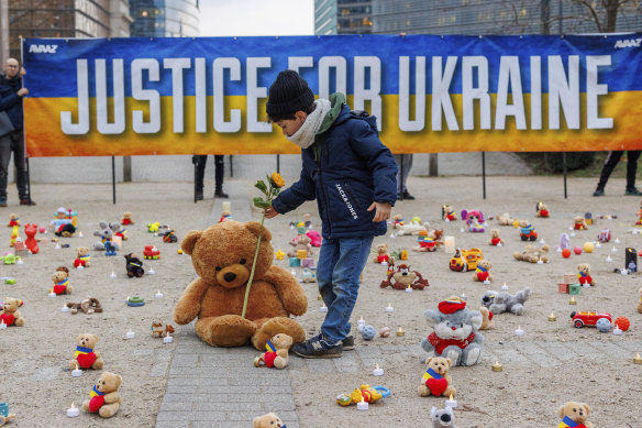 A protest outside the European Commission in Brussels in February highlighted the reported abduction of thousands of Ukrainian children by Russia.