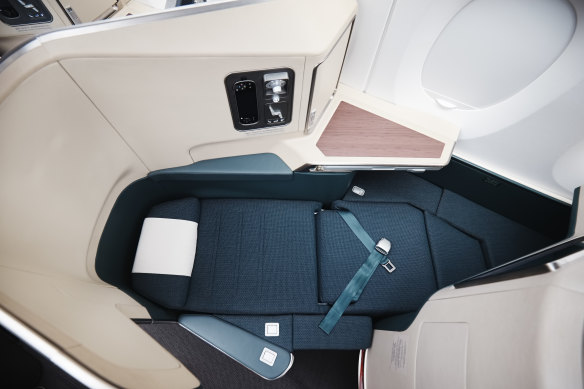 Cathay Pacific’s business class seat on board an Airbus A350 converts to a 1.9-metre bed.