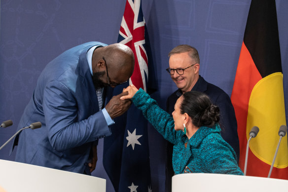 Australian Prime Minister Anthony Albanese, Minister for Indigenous Australians Linda Burney and former NBA star Shaquille O’Neal
