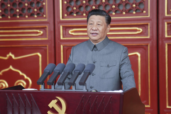 Chinese President and party leader Xi Jinping  making his keynote speech in Tiananmen Square to mark the party’s centenary. 