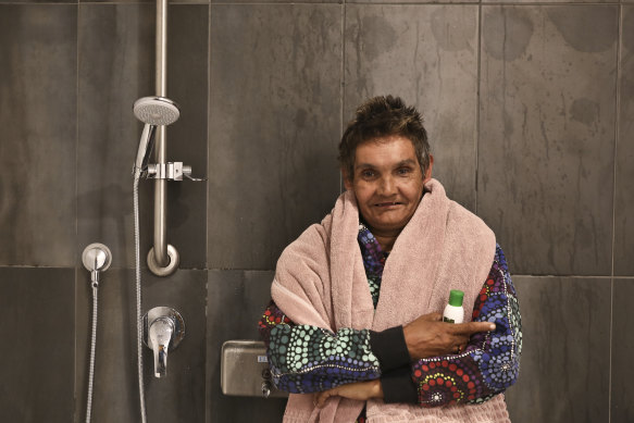 Lani McLachlan enjoying the new showers at Wayside installed earlier this year. Although Wayside doesn't provide any overnight accommodation, it provides showers, food and clean clothes to many of its visitors who may be homeless. 