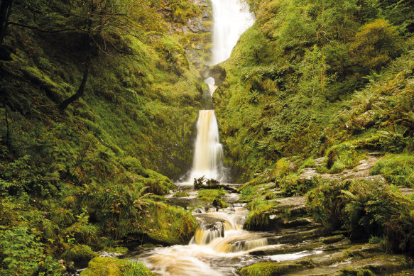 Pistyll Rhaeadr waterfall in Llanrhaeadr, Wales.