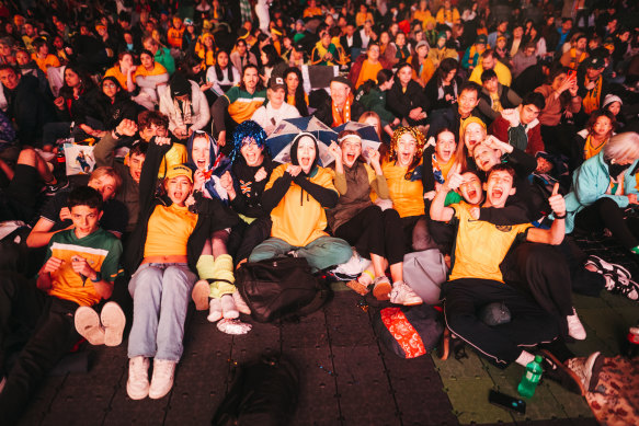 Matildas fans at Tumbalong Park on Wednesday.