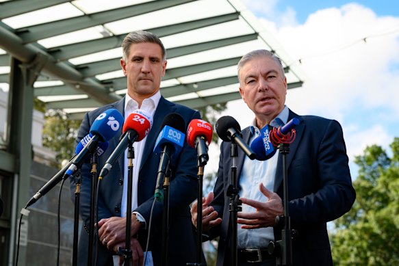 Swans CEO Matthew Pavlich and chairman Andrew Pridham front the media on Wednesday.