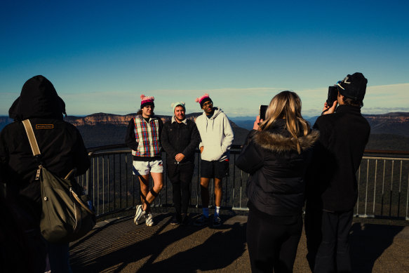 Visitors arrive at Katoomba’s Echo Point Lookout on Saturday morning. 