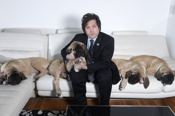 Argentinian President Javier Milei at home with his cloned mastiff puppies in 2018.