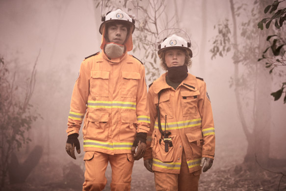 Hunter Page-Lochard and Eliza Scanlen play volunteer firies Mott and Tash across six episodes of ABC drama Fires. 