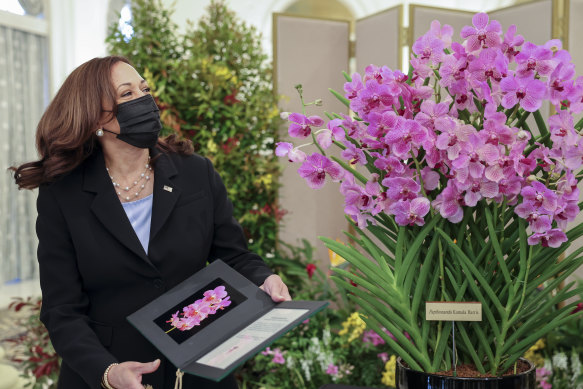 Kamala Harris had an orchid named in her honour during her visit to Singapore’s presidential palace on Monday.