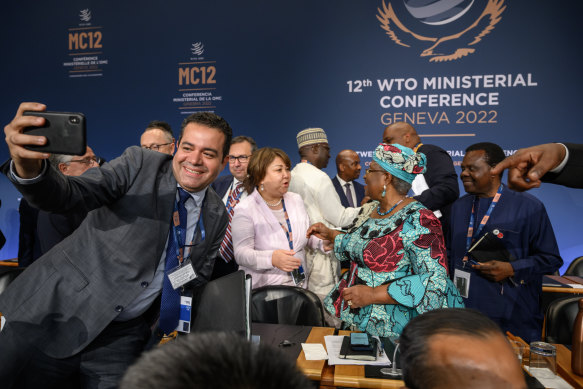 Trade pact selfies were allowed but World Trade Organisation Director-General Ngozi Okonjo-Iweala, second right, banned monologues.
