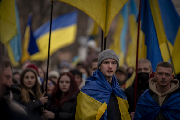 Ukrainians march in Odessa on Sunday in a show of unity against Russia.