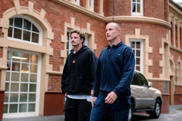 Riley Bice and Chad Warner arrive at the Sydney Swans Headquarters.