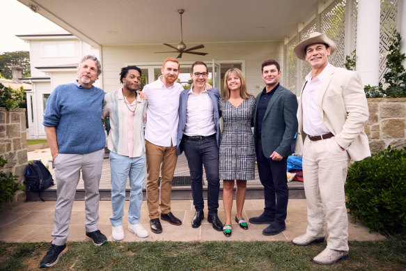 On the set of Ricky Stanicky (l-r): Director Peter Farrelly, Jermaine Fowler, Andrew Santino, Victorian creative industries minister Steve Dimopolous, VicScreen chief Caroline Pitcher, Zac Efron and John Cena.