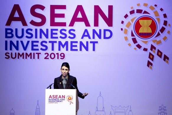 Prime Minister Jacinda Ardern delivers a speech at the ASEAN Business and Investment Summit (ABIS) Thailand on  Sunday.