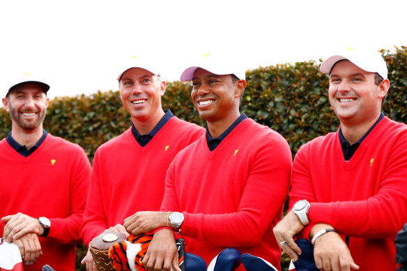 Tiger Woods with, from left, Dustin Johnson, Matt Kuchar and Patrick Reed on Wednesday.
