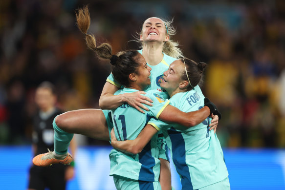 Mary Fowler of Australia celebrates with teammates Ellie Carpenter and Caitlin Foord after scoring her team’s second goal later disallowed due to offside.