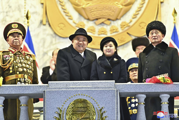 North Korean leader Kim Jong Un, centre with his daughter Kim Ju-Ae, attend a military parade to mark the 75th founding anniversary of the Korean People’s Army in February 2023.