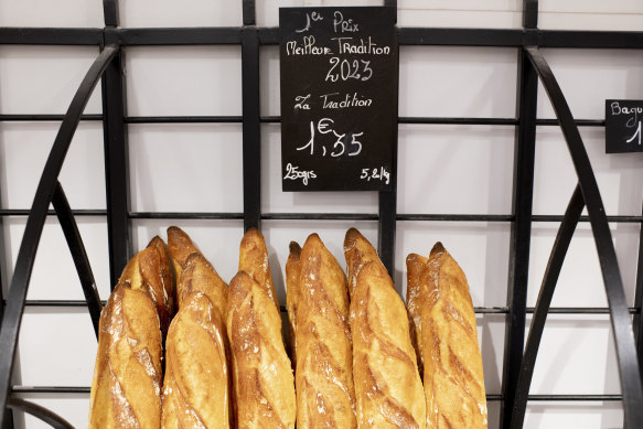 Freshly baked baguettes for sale at the bakery of Tharshan Selvarajah, the 2023 winner of the Grand Prize of the Traditio<em></em>nal French Baguette.