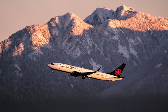An Air Canada Boeing 737 Max departs Vancouver International Airport.